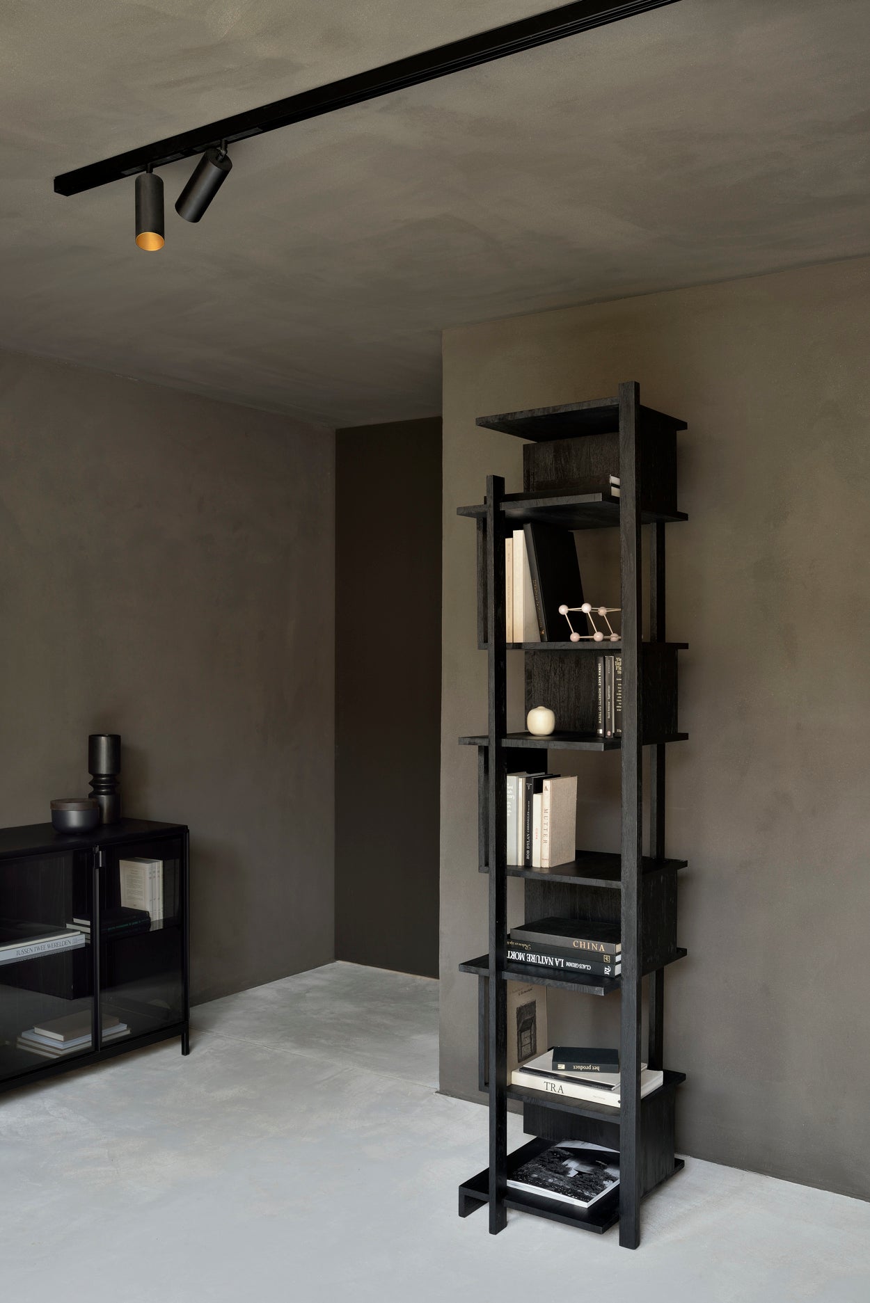 Abstract Teak Black Shelving
